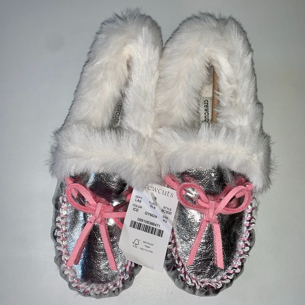 Girls’ silver fuzzy slippers